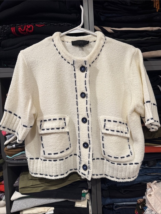 Zara Tops - Zara Crop Knit Cardigan with Navy Stitching